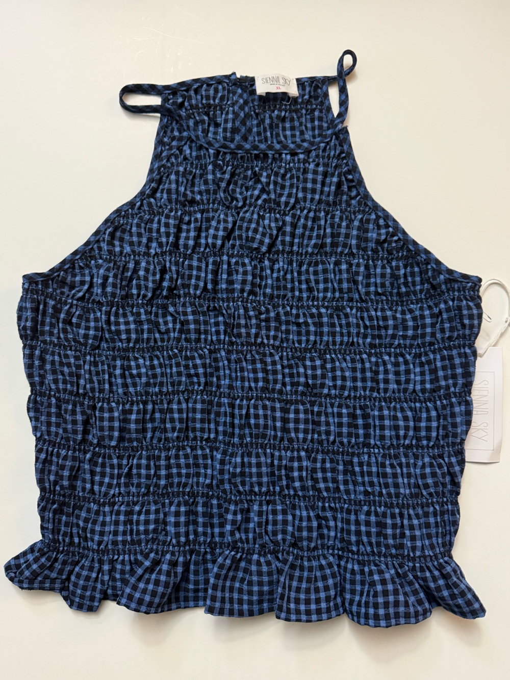 New, Sienna Sky Blue and Black Smocked Halter Tank Top